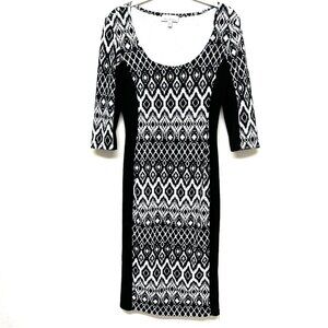 Vtg Rare Olivia Mathews Bodycon Dress Fair Isle Stretch S Black White 3/4 Sleeve